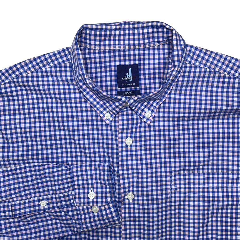 Johnnie-O Button Down Shirt Mens XL Blue Pink Gingham Plaid Long Sleeve Cotton